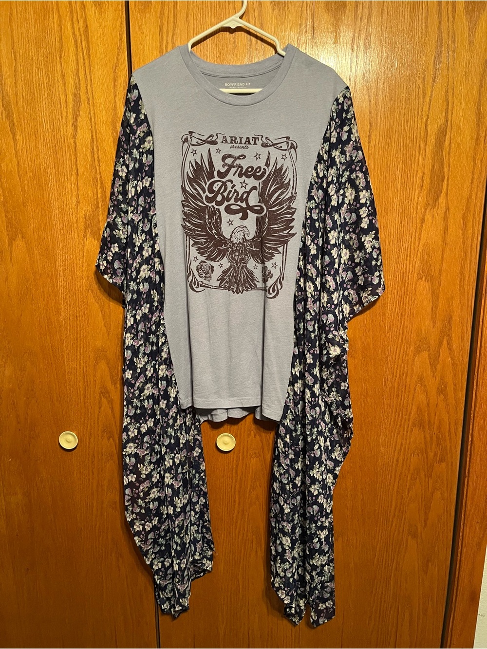 Ariat Women’s Light Blue 'Free Bird' Tee with Navy Floral Long Sheer Sleeves